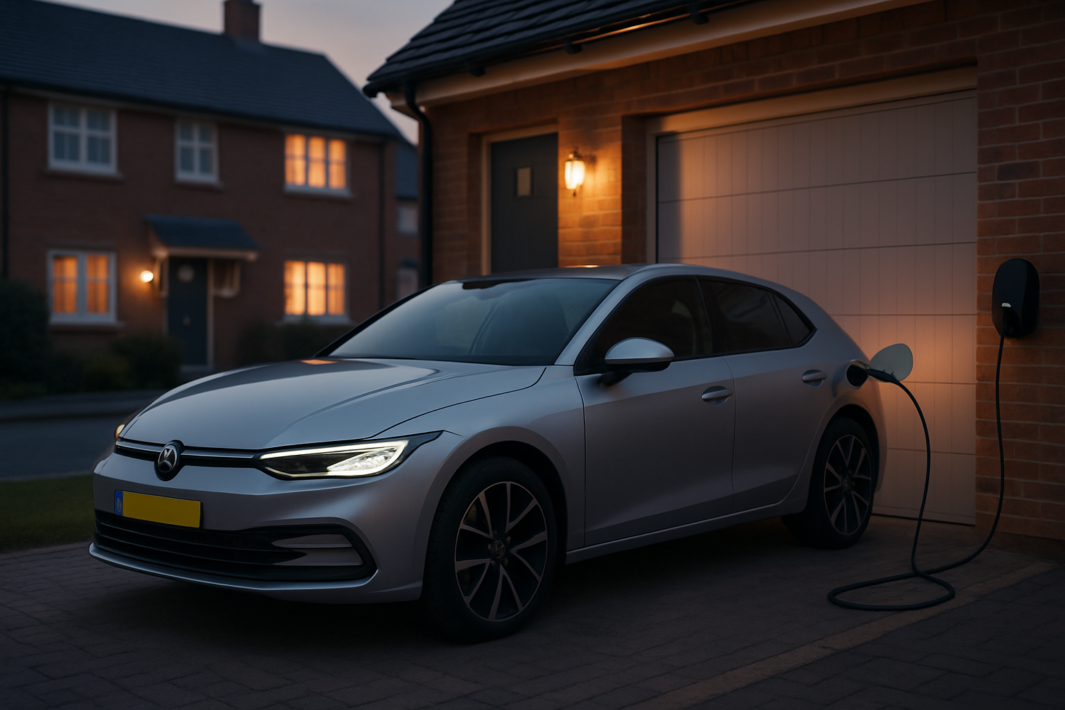 A modern electric vehicle charging at home in a UK suburban setting  sleek midsized EV home garage or driveway charging cable connected to a wall unit-3