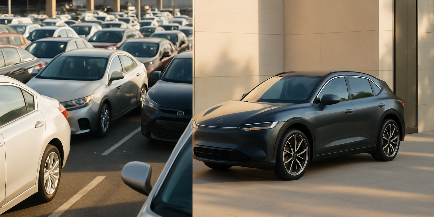 A realistic highresolution image showing a visual contrast On the left  a car rental lot surrounded by multiple parked cars in a commercial setting li-1-1