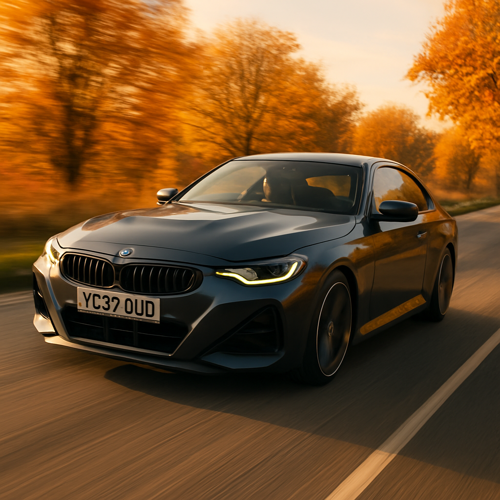 A sleek BMW 2 Series coupe UK market spec racing along a scenic country road in autumn front threequarter view metallic charcoal paint motion blur gol-1