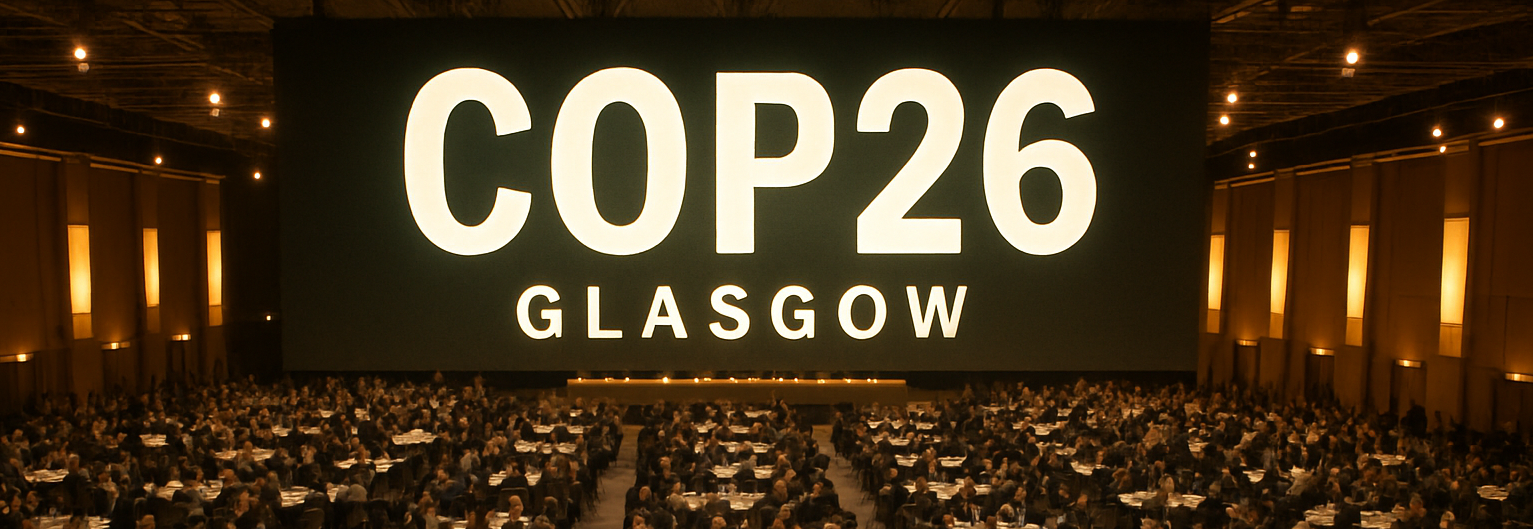 A wide aerial view of a bustling international climate conference hall in Glasgow delegates from many countries seated around circular tables large CO-3-1