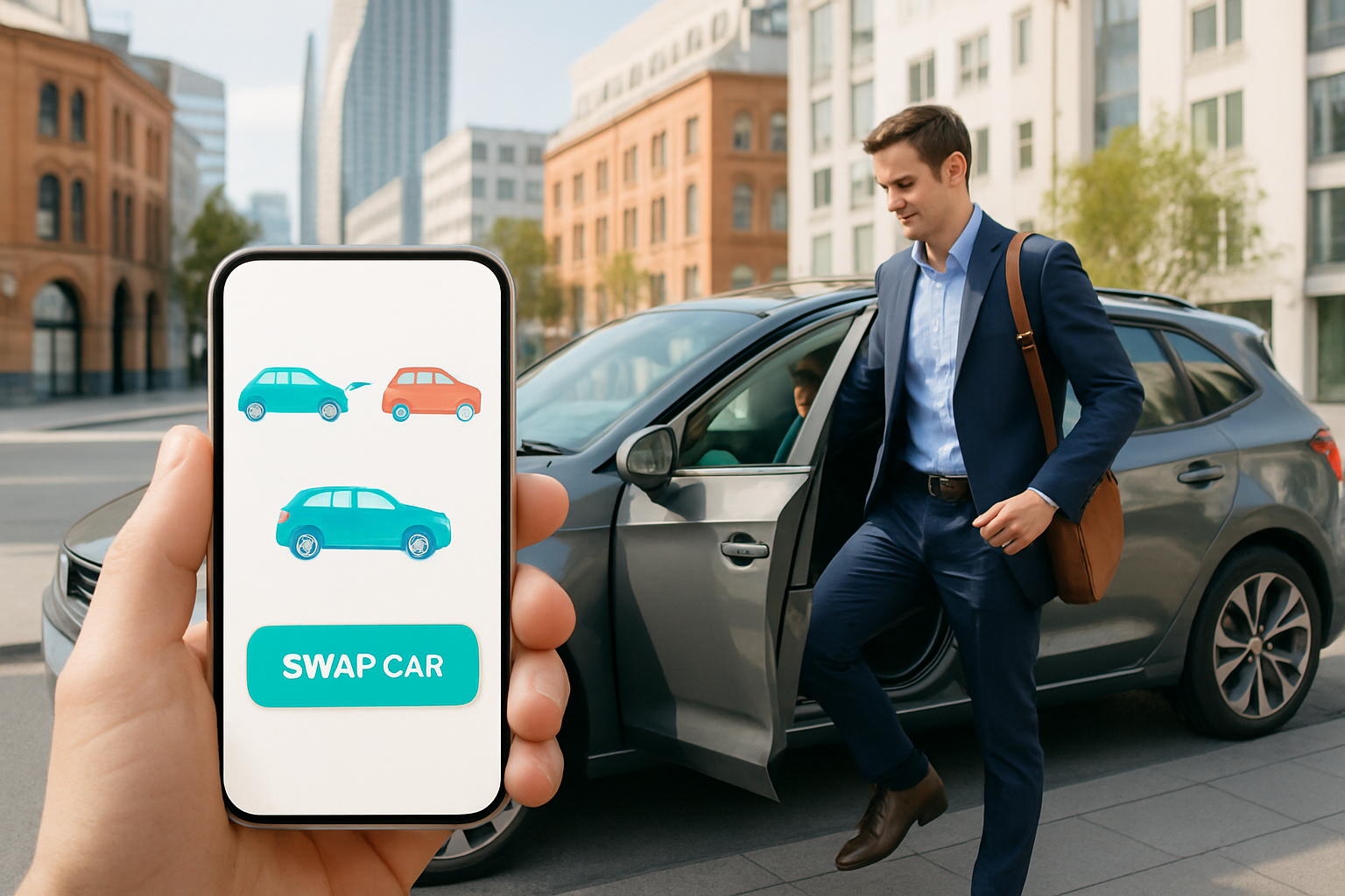 A young professional in a modern city setting stepping into a stylish midsize car parked on the street digital app on their smartphone showing a swap