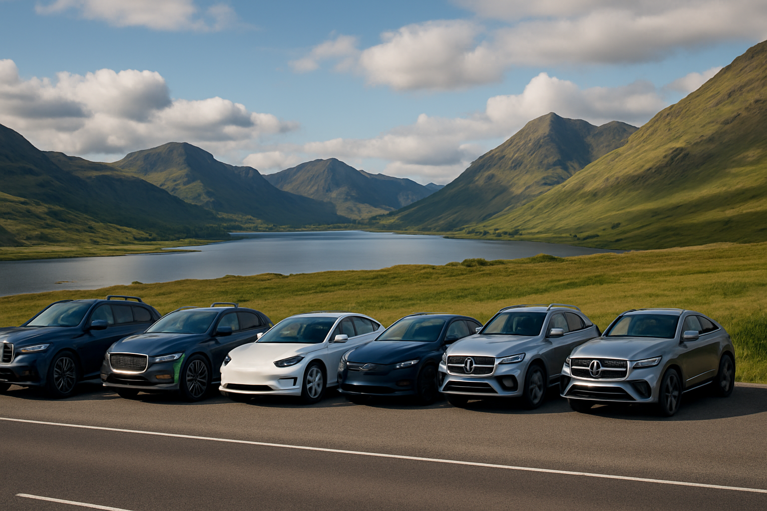 All in a row in the distance but still visible with a scenic background UK BMW X7 40D M sportJaguar IPace Estate 400 HSETesla Model 3 Long RangeAudi Q