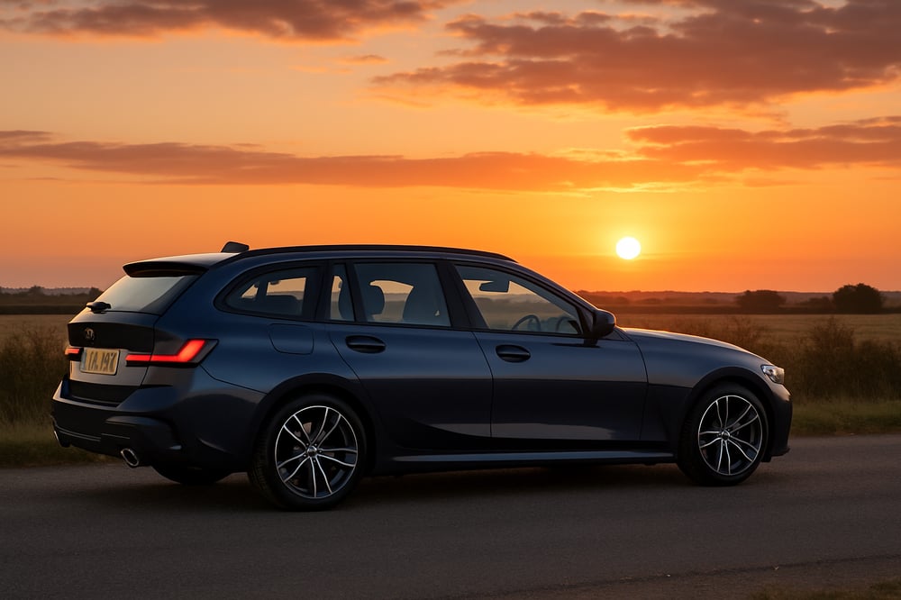 BMW 3 Series Touring UK side view sunset background-1