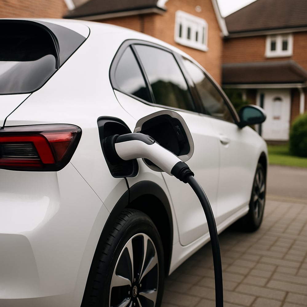 Closeup of an electric car charger plugging into a sleek new EV in a UK suburban driveway Clean visual-1