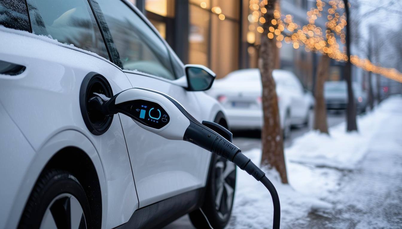 Electric car charging during the winter in the city