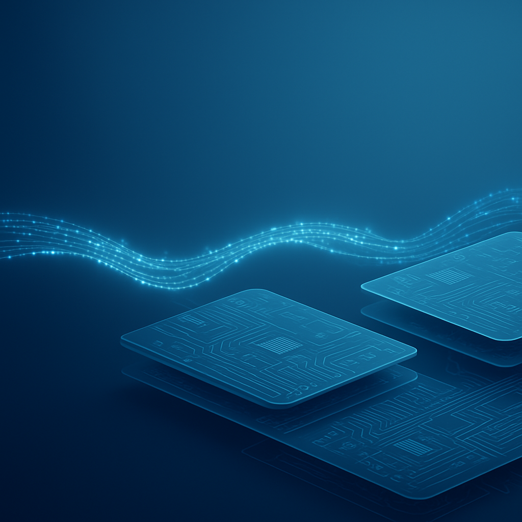 Envision a wide horizontal banner that elegantly showcases interconnected layers of advanced technology with streams of luminous data flowing seamless