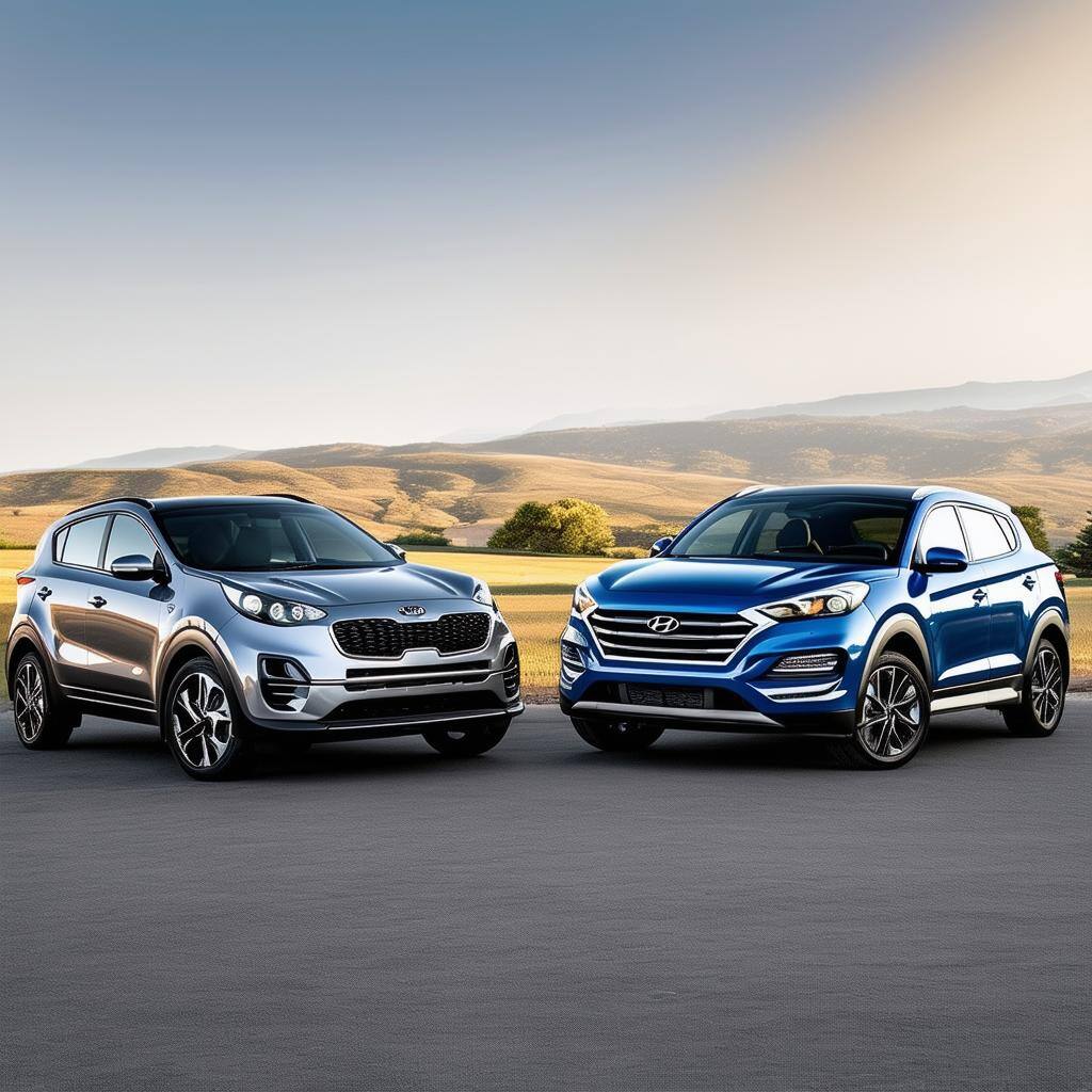 Kia sportage and Hyundai Tucson next to eachother side view