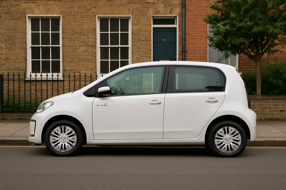 Volkswagen E UP UK street background side view