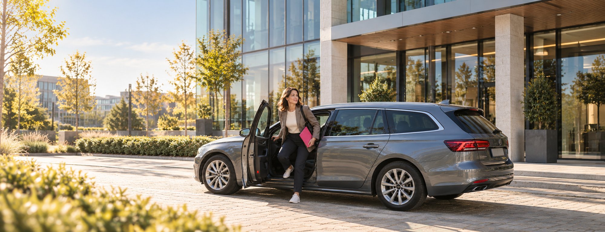 Businesswoman exits car with pink folder
